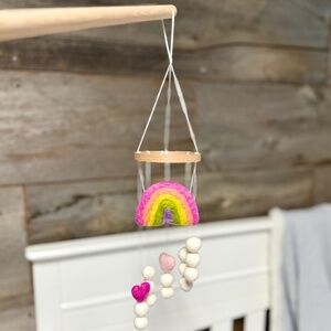Handmade Mini Baby Mobile- Bright Rainbow with Pink Hearts and Poms